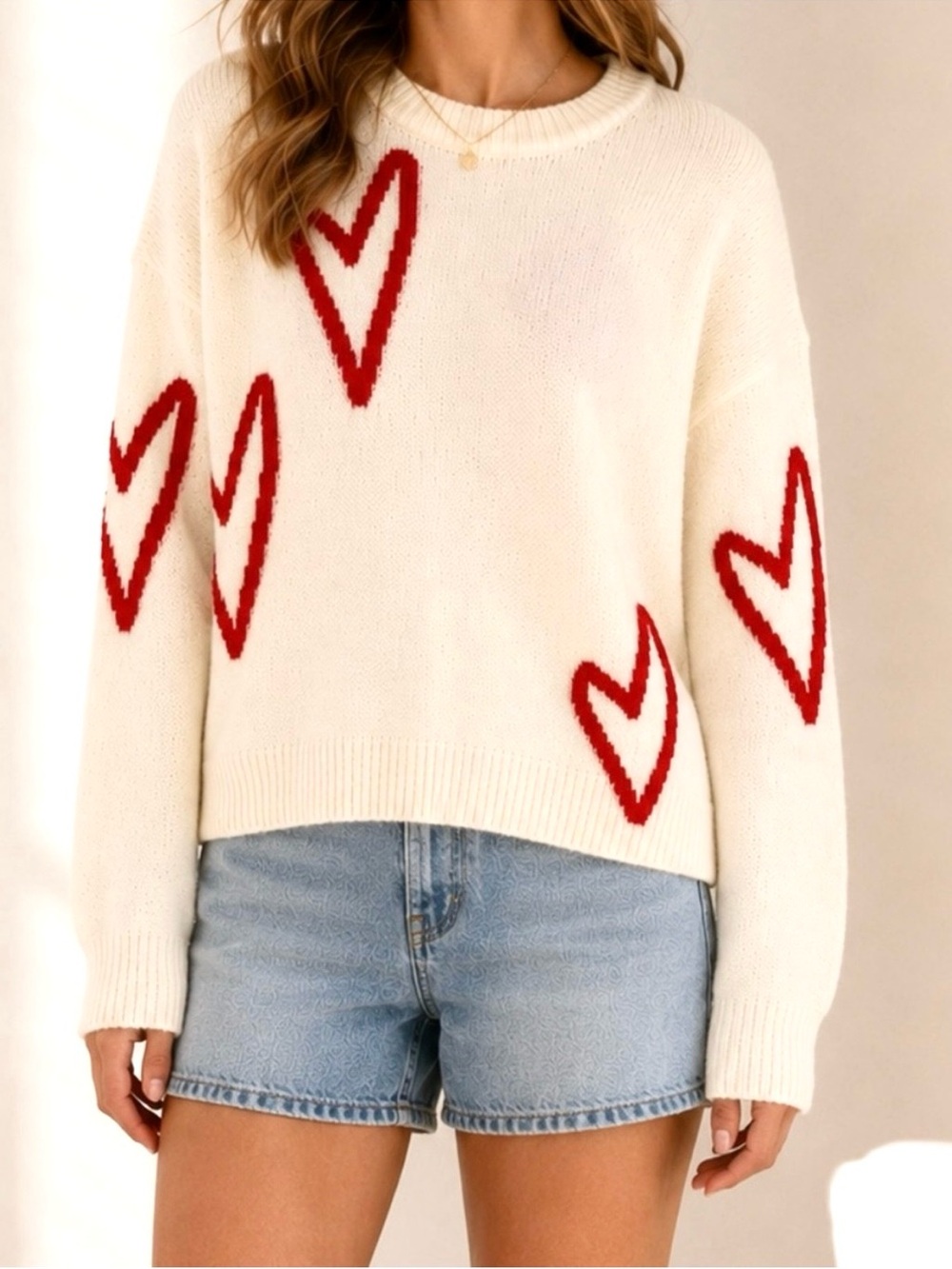 Chelsea & Theodore White Crewneck Sweater with Red Heart Motifs